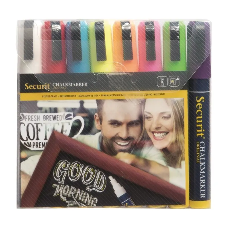 8 Feutres Craie 6mm pointe étroite en biseau à encre liquide coloris assortis Securit 