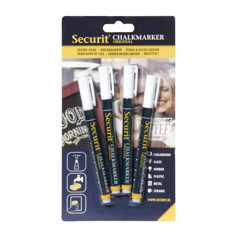 4 feutres craie liquide blancs 2mm pointe 1 x2mm. Securit
