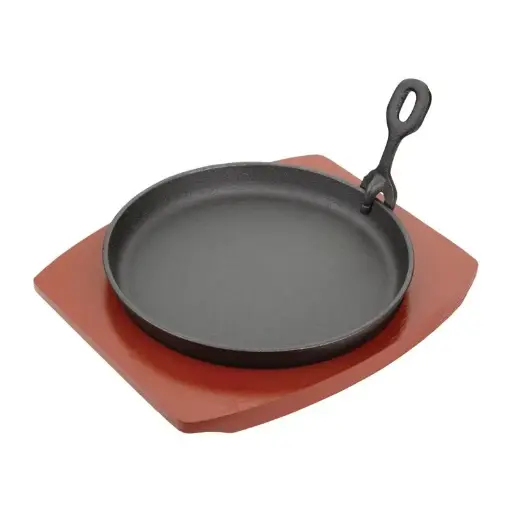 [CC311] Plat de service en fonte rond avec support bois 220(Ø)mm. Matériaux : Fonte et bois Olympia